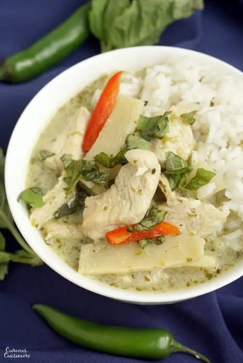 Thai Green Curry is a spicy curry with a unique, herbal flavor. It is an easy curry that is perfect for a weeknight dinner! | www.CuriousCuisiniere.com 