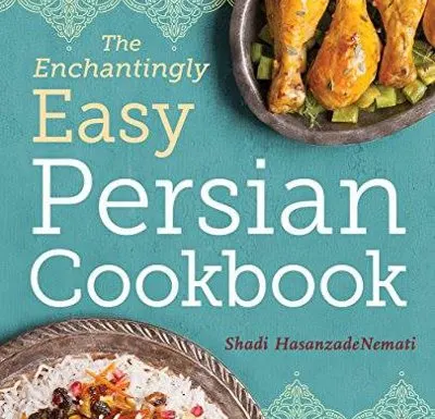 Sea blue Easy Persian Cookbook cover with a Persian chicken and rice dish.