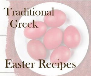 Red Easter Eggs with Traditional Greek Easter Recipes Text Overlay
