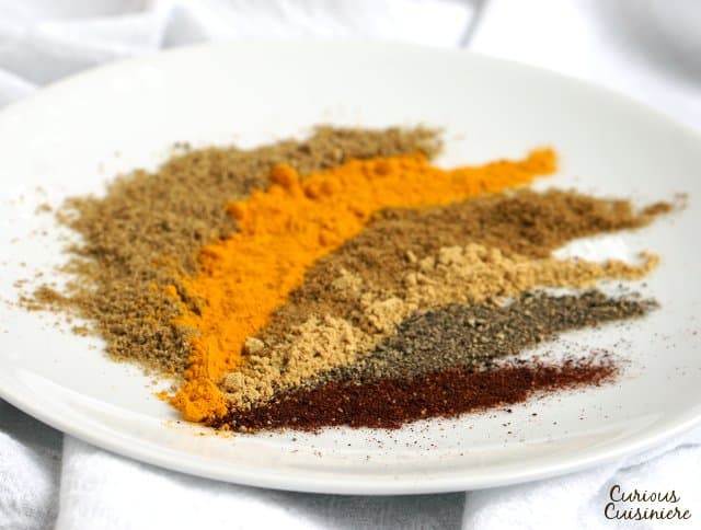 Warm ground spices arranged on a white plate. High angle. 