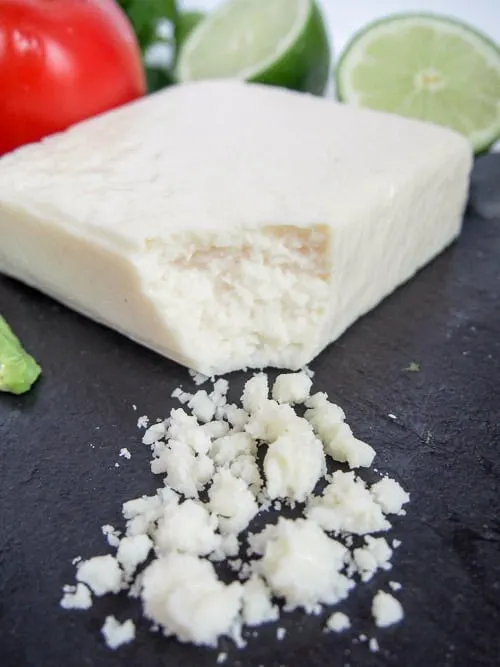 Mexican cheese queso cotija with crumbles.