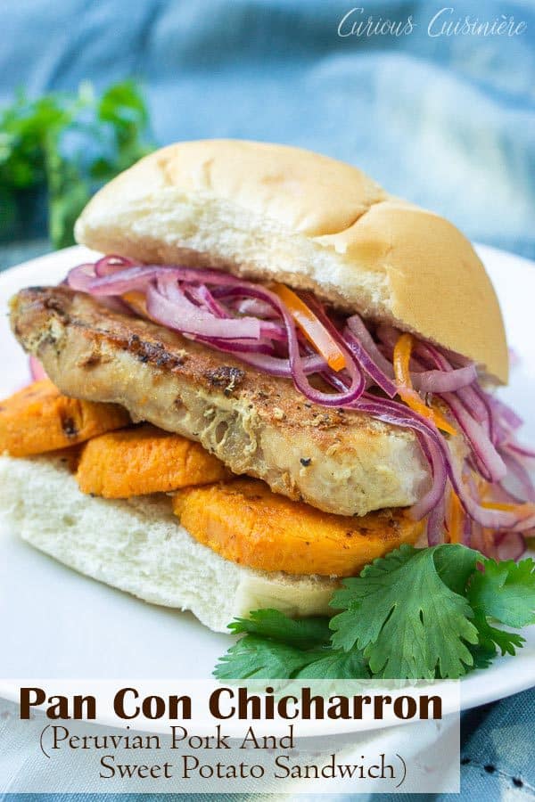 Pan Con Chicharron is a flavorful Peruvian sandwich made from the unique combination of slow braised pork and sweet potato topped with a crisp red onion relish. In Peru, it's traditionally eaten for breakfast, but we think it's the perfect meal for any time of day! #sandwich #brasiedpork #sweetpotato #lunch #peruvian | www.CuriousCuisiniere.com
