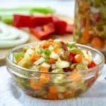 Hot Giardiniera Relish uses diced vegetables and ample hot peppers to create a tangy and spicy topping for sandwiches, hot dogs, and more. | www.CuriousCuisiniere.com