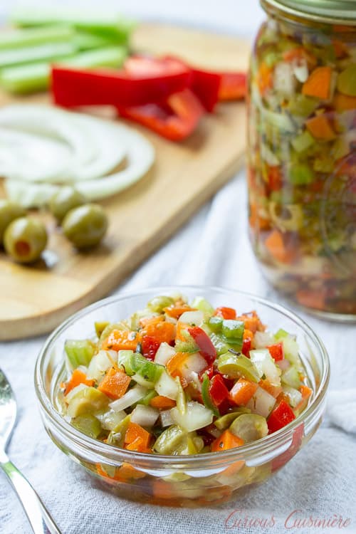 Hot Giardiniera Relish uses diced vegetables and ample hot peppers to create a tangy and spicy topping for sandwiches, hot dogs, and more. | www.CuriousCuisiniere.com
