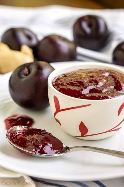 Chinese plum sauce is the perfect recipe to preserve summer plums into a lightly sweet, lightly tart, and lightly spiced condiment that has many uses. | www.CuriousCuisiniere.com