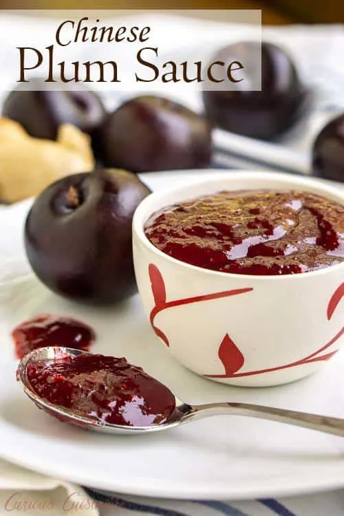 Chinese plum sauce is the perfect recipe to preserve summer plums into a lightly sweet, lightly tart, and lightly spiced condiment that has many uses. #plums #preservetheharvest #canning #plumsauce #condiment | www.CuriousCuisiniere.com