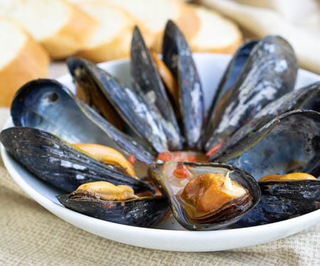 For an elegant summer appetizer, try these Galician Style Mussels in white wine and tomato sauce. These mussels are quick and easy to prepare. And, they are the perfect recipe to pair with a crisp Spanish white wine, like an Albariño. | www.CuriousCuisiniere.com