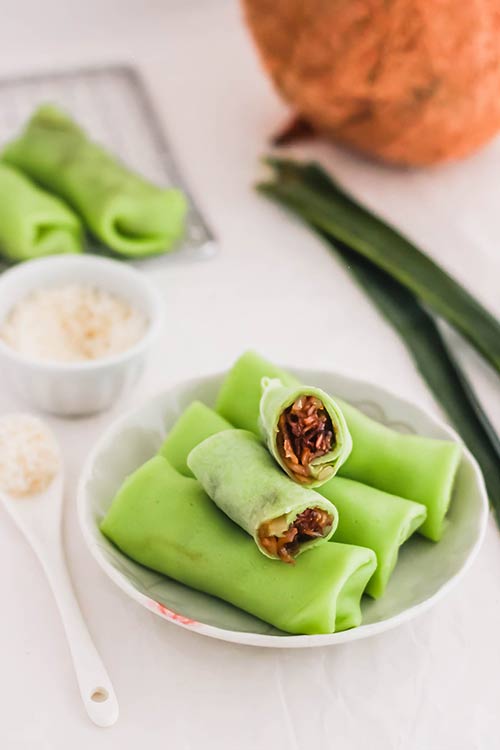 Mini Kueh Dadar (Rolled Coconut Crepes) • Curious Cuisiniere