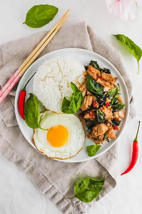 Stir-fried minced chicken with holy basil (pad grapao gai)