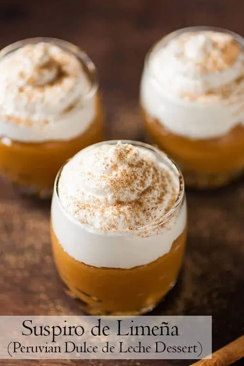Suspiro de Limeña is a Peruvian dessert that originated in the city of Lima. Creamy, caramel like pudding (dulce de leche) is topped with a Port flavored meringue and sprinkled with a touch of cinnamon. | www.CuriousCuisiniere.com