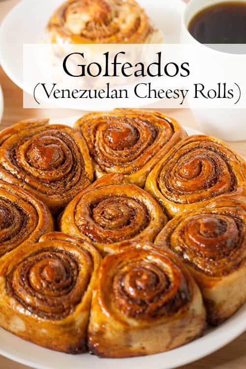 Call them cheesy rolls or sticky buns, Golfeados are a wonderful Venezuelan sweet and salty treat that combines robust panela sugar with a semi hard cheese. Serve these rolls with a hot beverage for breakfast, a morning snack, or afternoon tea! | www.CuriousCuisiniere.com