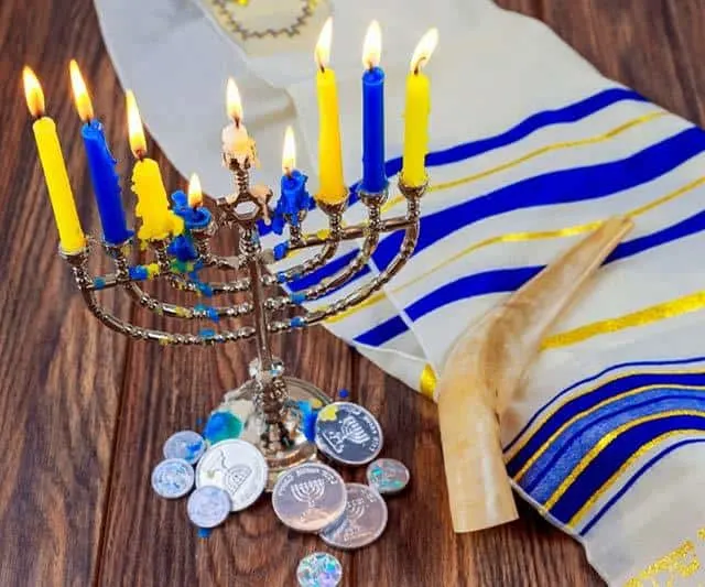 Hanukkah menora and coins