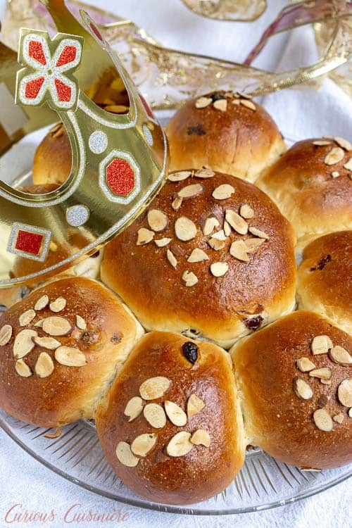 Dreikönigskuchen Swiss Three Kings Cake overhead with a king's crown| Curious Cuisiniere