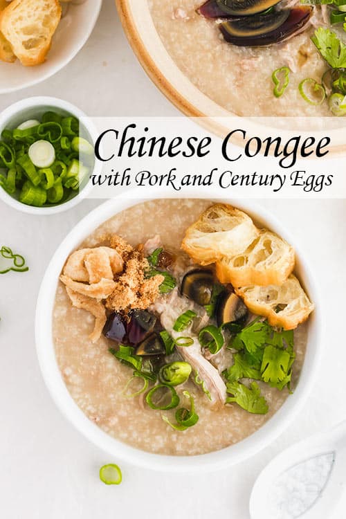 Chinese Congee is a warm and comforting rice porridge. Preserved century eggs and pork, make this pork congee recipe a flavorful, savory dish with hints of salt from the century eggs. | www.CuriousCuisiniere.com 