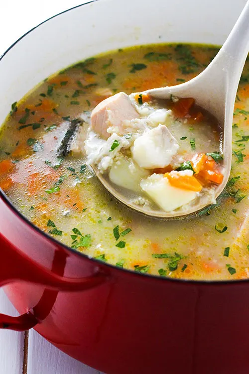 A pot of Ukha, Russian fish soup. Fish is gently cooked with potatoes and carrots in a rich broth seasoned with bay and black pepper. | www.CuriousCuisiniere.com