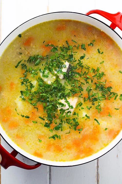 Overhead view of a pot of Ukha, Russian fish soup. Fish is gently cooked with potatoes and carrots in a rich broth seasoned with bay and black pepper. | www.CuriousCuisiniere.com