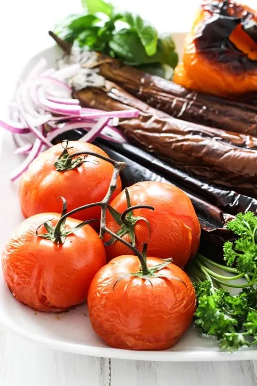 Khorovats (Armenian Grilled Vegetables) tomatoes, Chinese eggplant, and yellow pepper