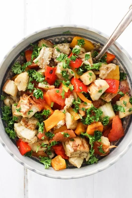 Khorovats (Armenian Grilled Vegetables) as a salad with a spoon