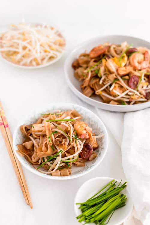 Malaysian Stir Fried Rice Noodles - Char Kway Teow - with bean sprouts, wide rice noodles, and shrimp