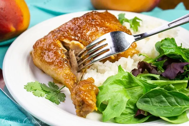 chicken with a fork taking a bite