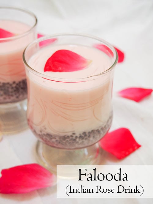 Falooda Indian rose drinks with basil seeds and rose petal on top
