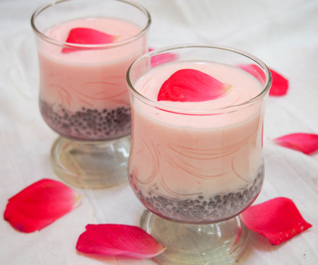 Falooda Indian rose drinks with basil seeds and rose petal on top