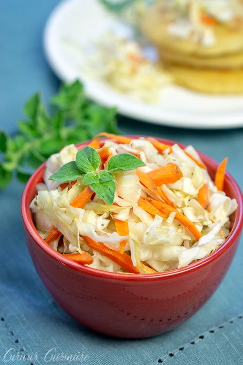 El Salvadoran Curdito pickled cabbage and carrot slaw with fresh oregano garnish