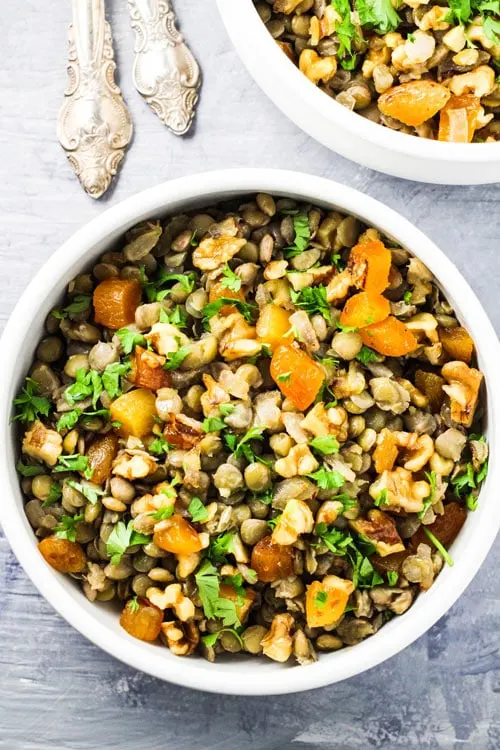 Mshosh Armenian lentil dish with apricots, and walnuts overhead view. 