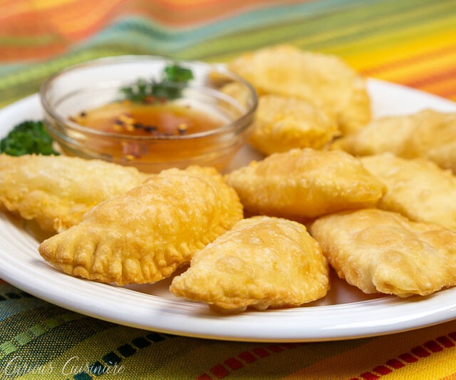 Brazilian Pastel de Queijo (Cheese Pastries) arranged on a plate