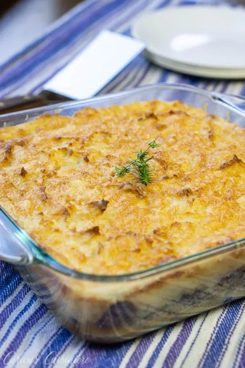 Whole French Hachis Parmentier Potato and Beef Casserole with golden baked Parmesan cheese