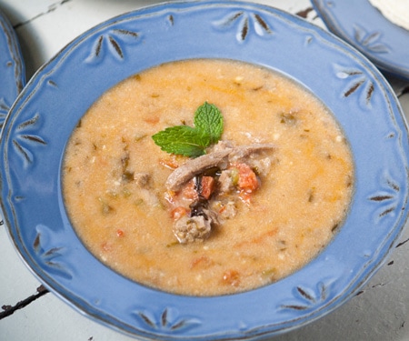 A blue bowl of Indio Viejo (Nicaraguan Beef Stew)