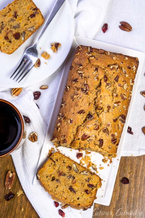 Southern Sweet Potato Bread Quick Bread Sliced with cranberries and pecans