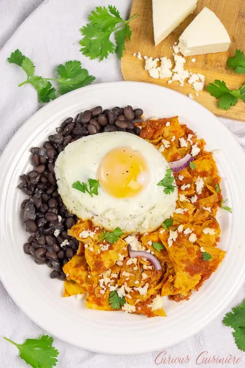 Chilaquiles rojos with black beans and a fried egg and crumbled queso fresco