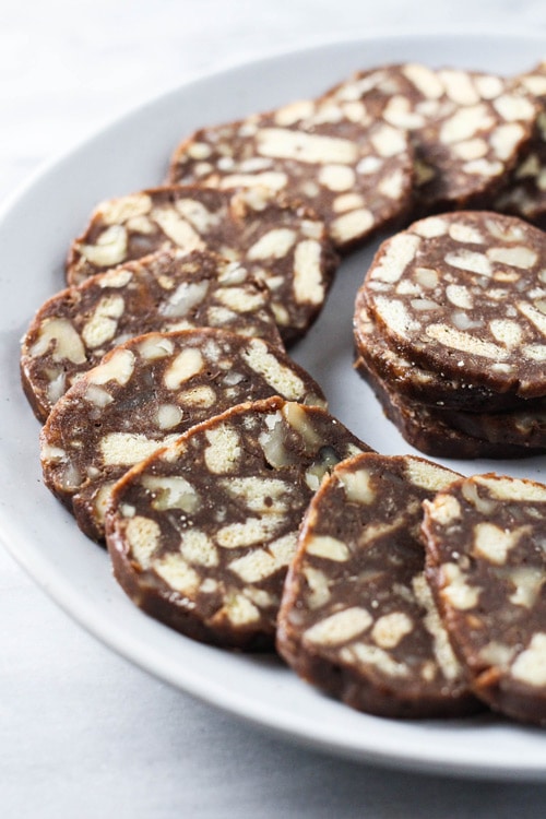 Russian Chocolate Salami (Chocolate Sausage) sliced on a platter