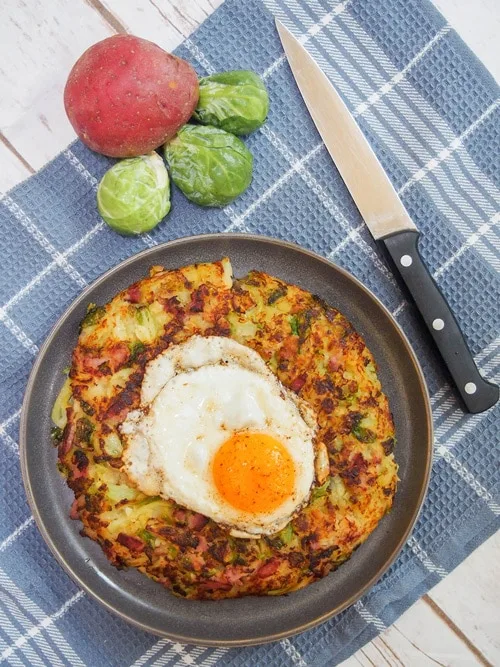 Bubble and Squeak (British Potato Cakes) with a fried egg