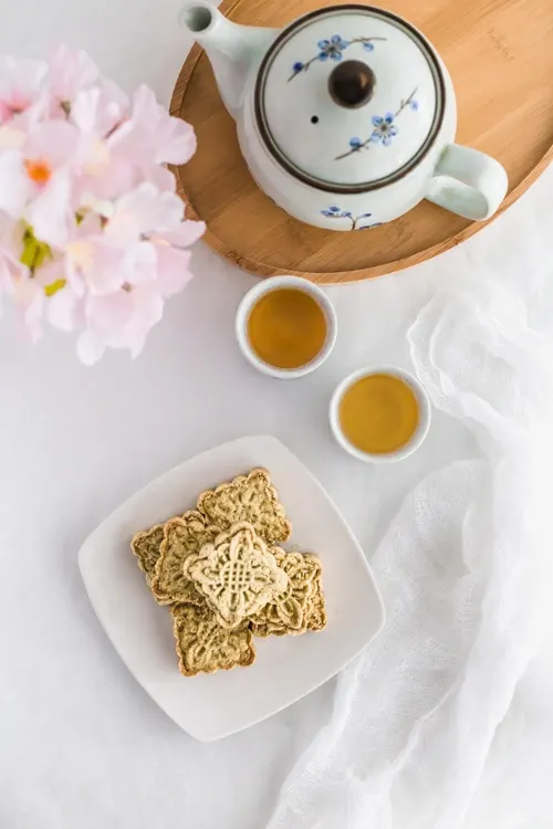 Chinese Macau-Style Mung Bean Almond Cookies with tea