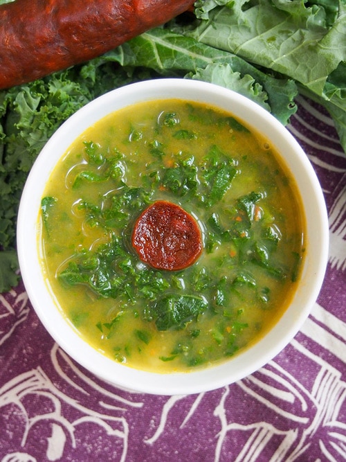 Overhead image of Caldo Verde (Portuguese Green Soup)