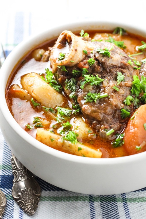 Khashlama (Armenian Lamb Stew) in a white bowl