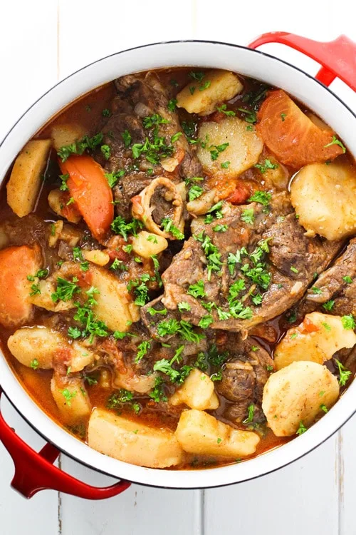 Khashlama (Armenian Lamb Stew) in a large soup pot