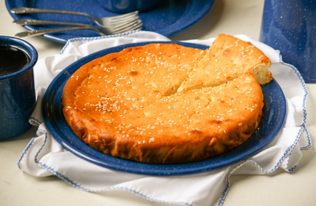 Salvadoran Quesadilla (Sweet Cheese Breakfast Cake) with coffee