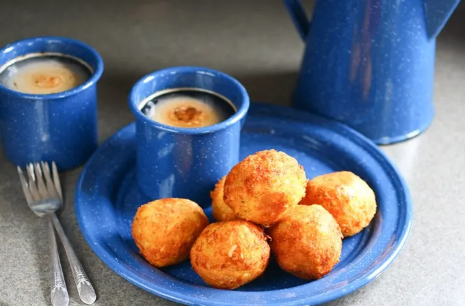 Bolon de verde green plantain fritters with coffee