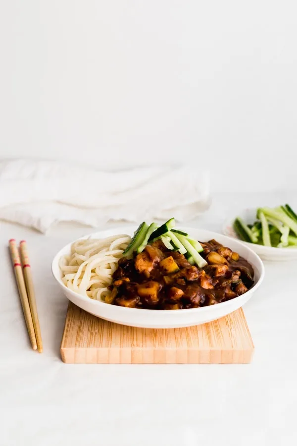 Jajangmyeon (Korean Black Bean Sauce Noodles) with cucmber