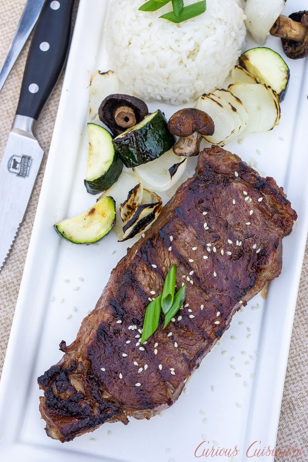 Japanese steak with rice and grilled vegetables
