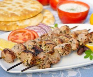 Greek Souvlaki Skewers served with pita and tzatziki