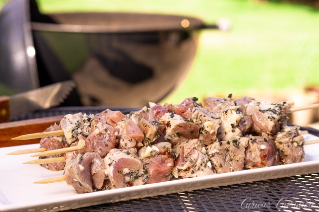 Greek Souvlaki pork skewers ready for the grill