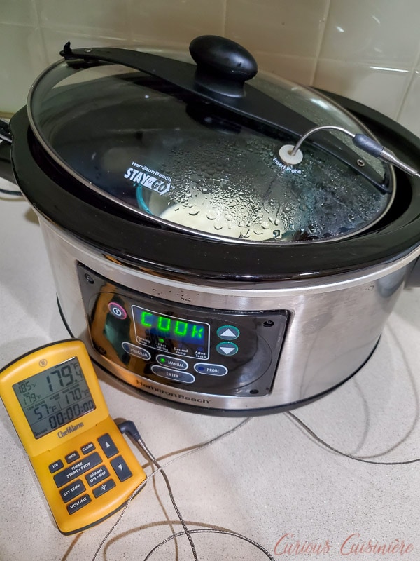 Homemade clotted cream made in the slow cooker - with probe thermometer to check temperature