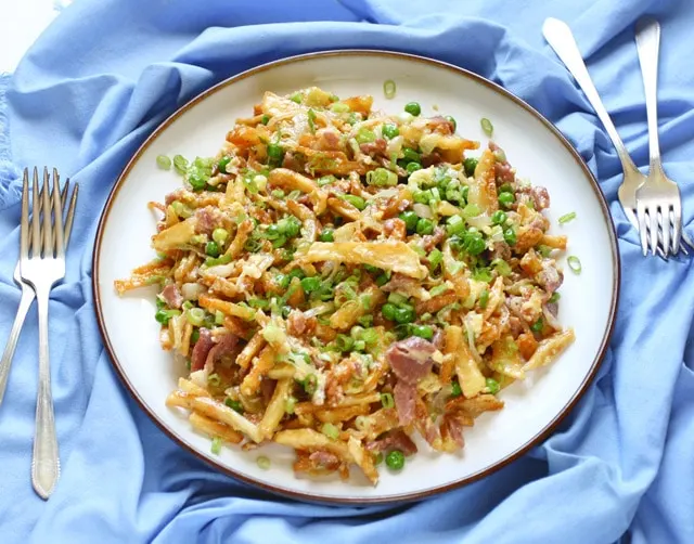 Revuelto Gramajo (Argentinian Scrambled Eggs and Potatoes) on a serving platter
