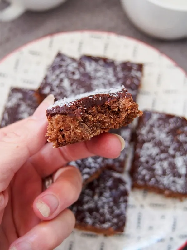 Australian chocolate slice with bite taken out - internal texture