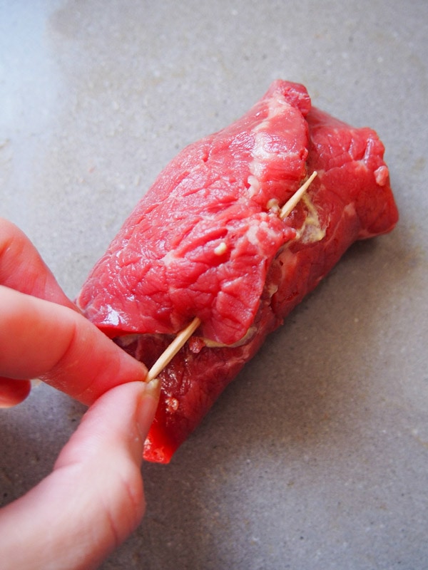 Securing the beef for German Beef Rouladen