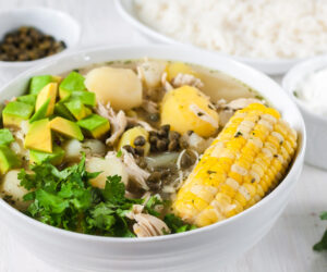 Colombian Ajiaco chicken soup with capers and corn